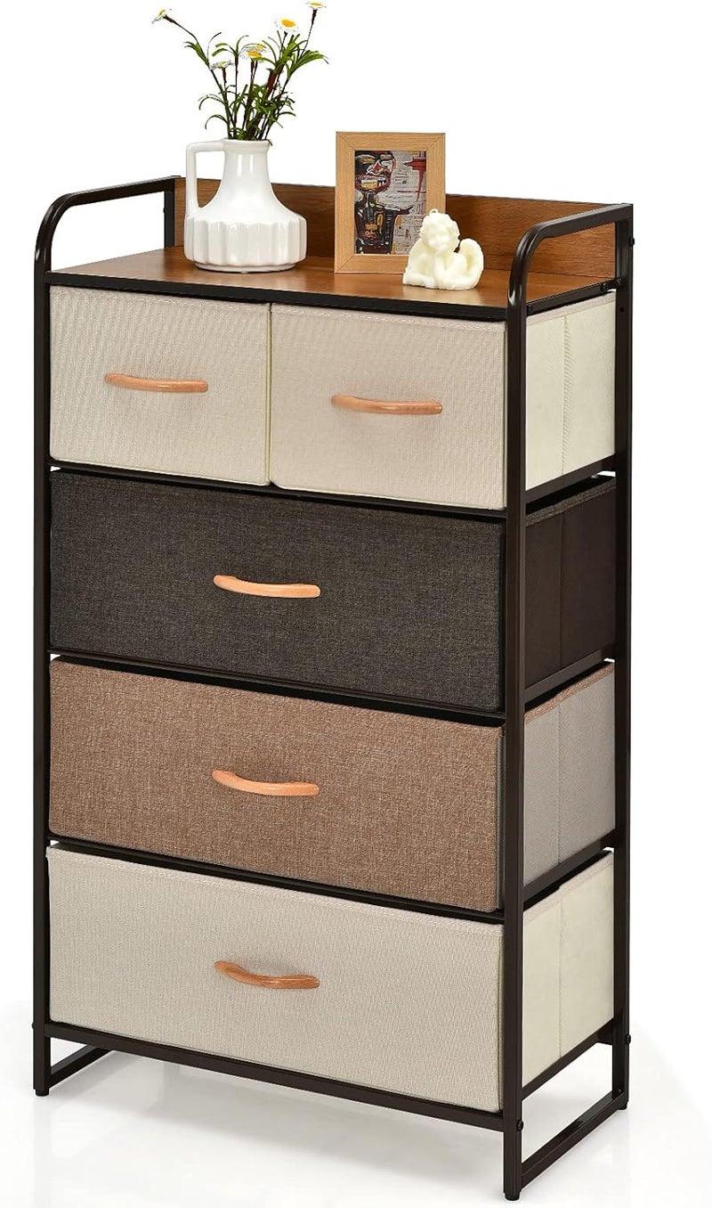 Sharpdo Dresser With 5 Drawers, Storage Tower, Iron Frame Fabric Multi-Layer Storage Cabinet, Dresser for Bedroom, Hallway, Nesting Tables, Entryway, Closets, Sturdy Steel Frame, Wood Top - Image 1